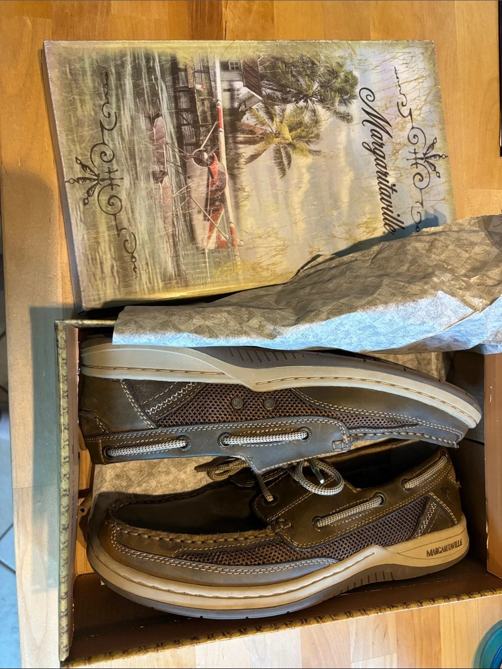 Margaritaville Brown Mesh & Leather Men’s Boat Shoes size 10